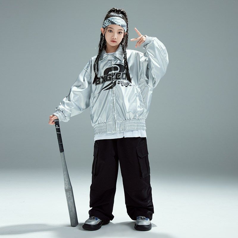 少儿街舞元旦演出服男女童hiphop嘻哈爵士银色皮衣外套亮面架子鼓