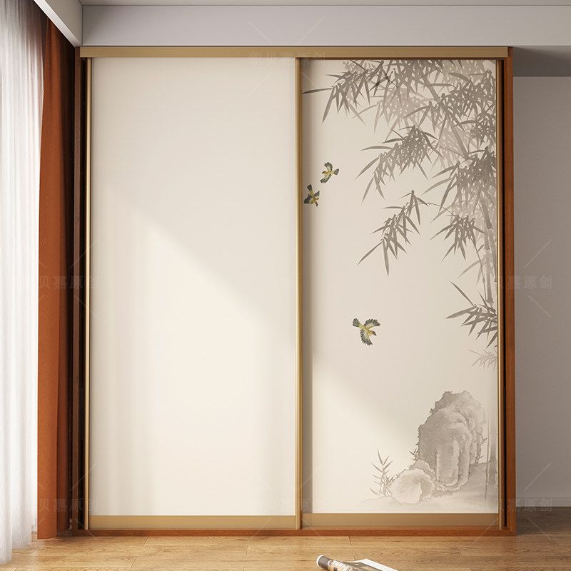 新中式水墨竹叶装饰老衣柜玻璃门贴画卧室拉门改造自粘加厚贴纸