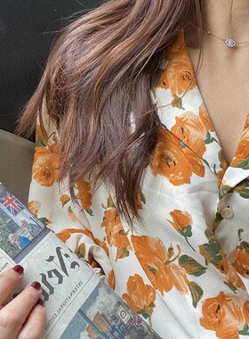 黄色油画上衣80年代港风衬衫女复古雪纺衬衣防晒衣2022年V领碎花