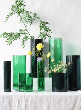 简约直筒绿色玻璃花瓶摆件客厅富贵竹插花装饰高级感轻奢餐桌花器