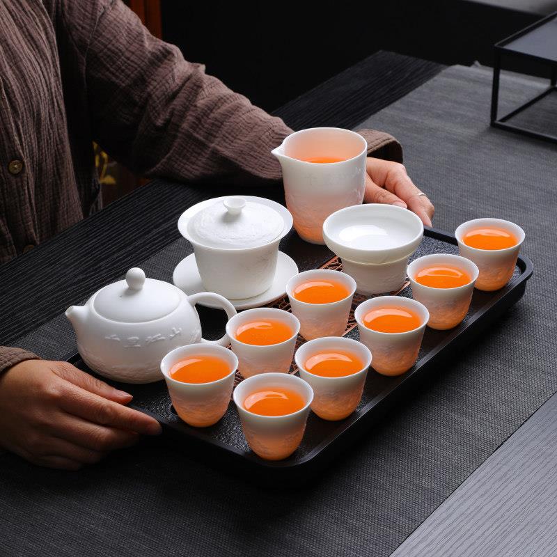 羊脂玉瓷白瓷浮雕功夫茶具套组家用办公泡茶壶盖碗整套陶瓷品茗杯