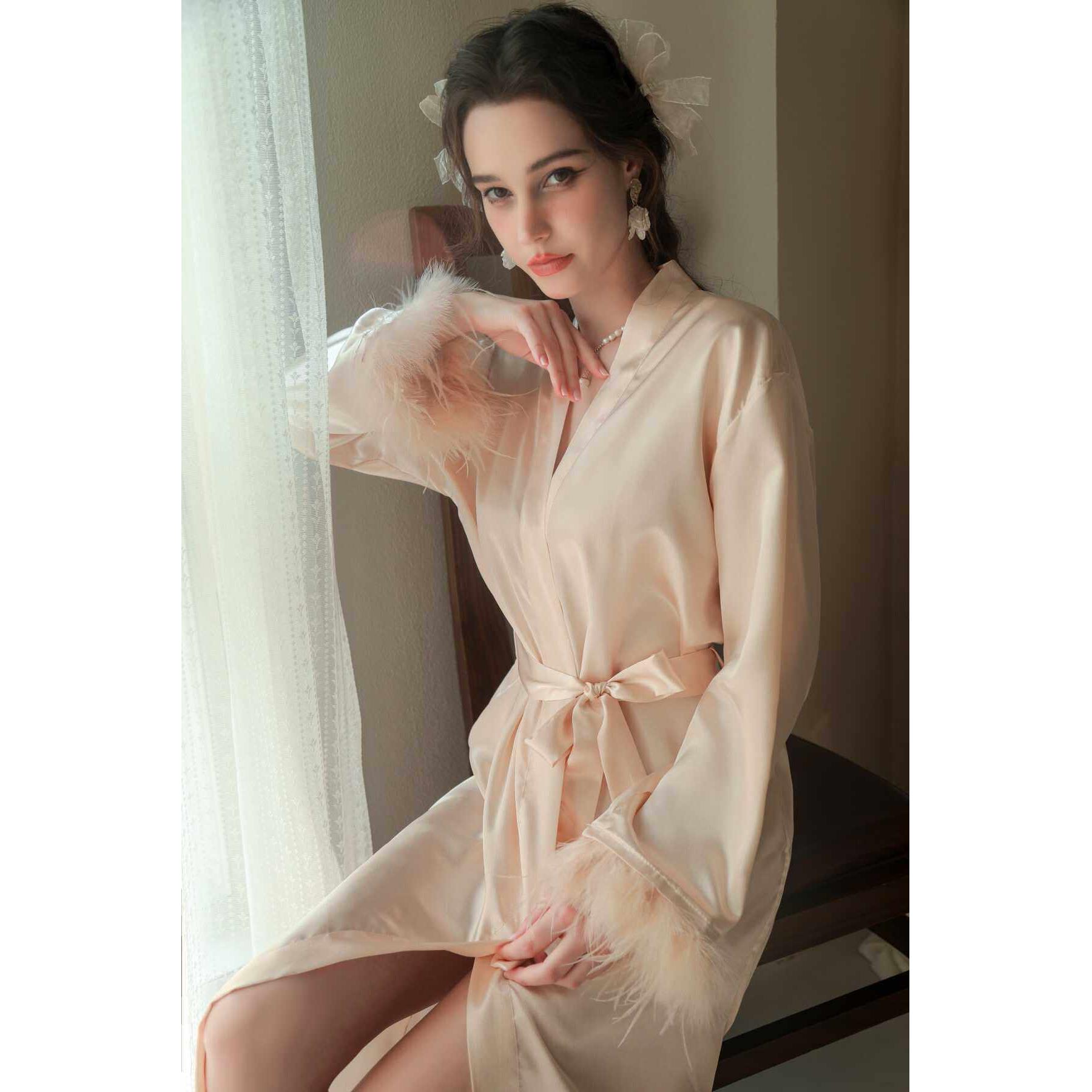 羽毛晨袍新娘伴娘姐妹团婚礼睡袍女夏薄款中长版浴袍春秋结婚睡衣