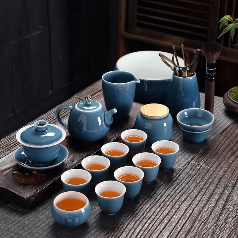 功夫茶具茶杯套装中式家用陶瓷茶壶简约盖碗公道杯办公室霁蓝整套