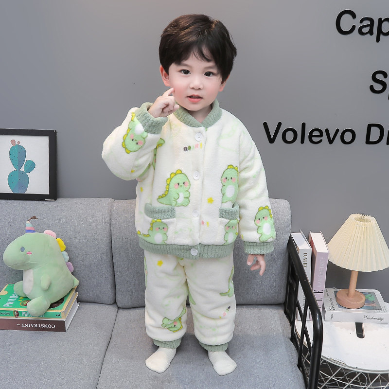 潮童轻奢男童珊瑚绒睡衣秋冬加绒加厚款宝宝法兰绒家居服恐龙套装