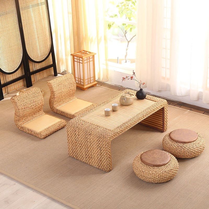 藤编榻榻米小桌子日式网红桌阳台飘窗桌禅M意地台桌炕桌茶桌椅组