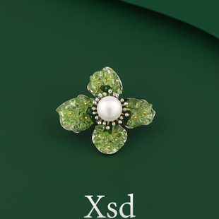 防走光别针潮 绿色小清新花卉胸针高档女淡水珍珠轻奢小众胸花夏季