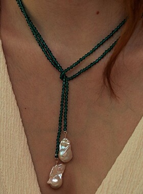 巴洛克珍珠绿砂石项链长款毛衣链