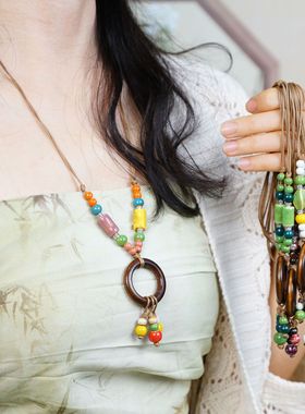 新中式彩色陶瓷吊坠蜡绳毛衣链女