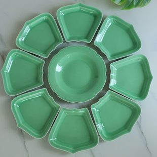 陶瓷大号拼盘组合龙泉青瓷素色祥云深盘圆盘创意中式团圆盘子碟子