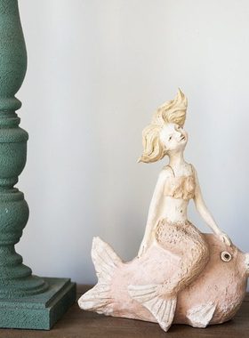 油画质感摆件 创意手工树脂园艺装饰品家居卧室可爱萌 美人鱼少女