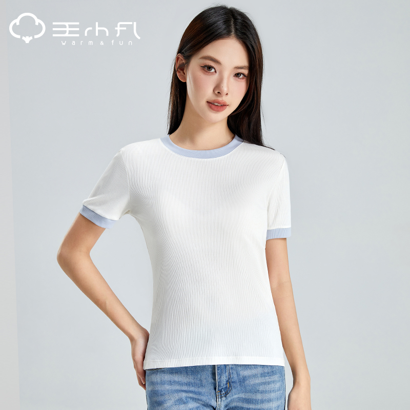王小凡夏季冰丝短袖T恤女2025新款凉感精梳棉显瘦撞色上衣薄款