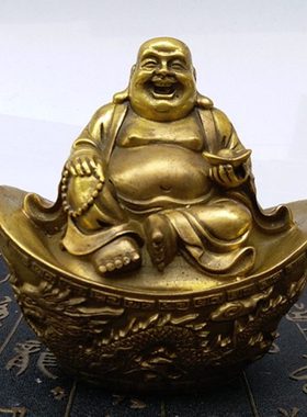 包邮 卧佛 工艺品 纯铜坐元宝大肚弥勒常笑佛摆件
