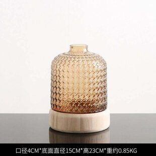 玻璃花瓶实木底座花器口装饰品桌面透明复古摆件细样板间浮雕北欧
