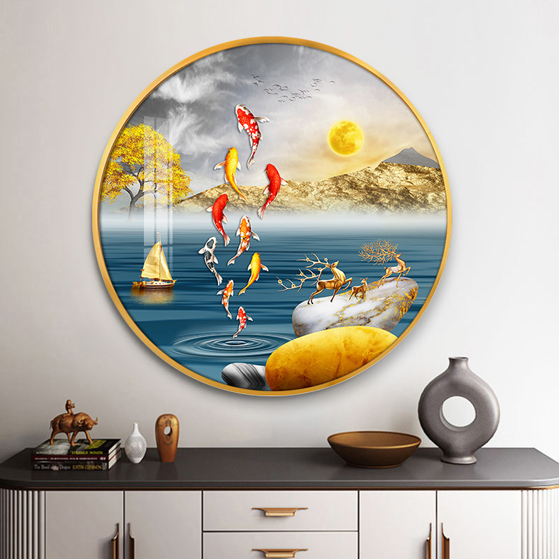 招财九鱼图圆形玄关装饰画客餐厅背景墙壁画入户走廊过道福鹿挂画