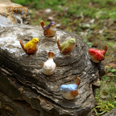 高温釉面彩色陶瓷小鸟六色组合装饰摆件花园庭院装饰