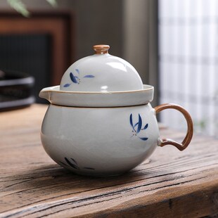 米黄手绘汝窑茶水分离多功能办公杯茶杯泡茶单壶家用功夫茶具定制