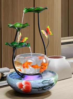 桌面小型金鱼缸玻璃圆形创意循环自动流水喷泉摆件装饰客厅加湿器