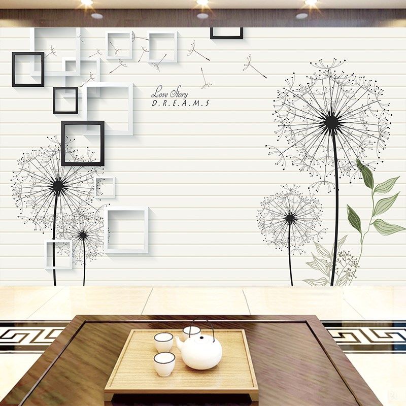 d电视背景墙布现代蒲公英d立体壁画d客厅装饰大气无缝壁布
