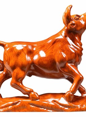 梨实木质雕刻牛动物生肖牛气冲天红木家居吉祥物装饰工艺品