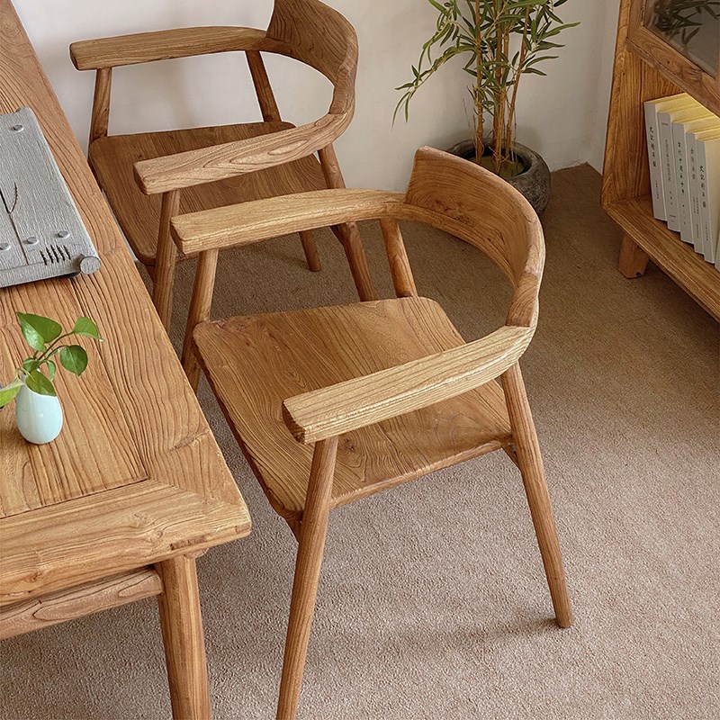 实木椅子侘寂风靠背椅老榆木客椅中式休闲餐椅扶手椅民宿单人圈椅