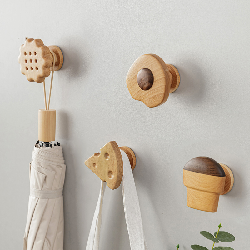实木挂钩免打孔进门玄关强力粘胶粘钩挂衣架多功能装饰衣帽钩
