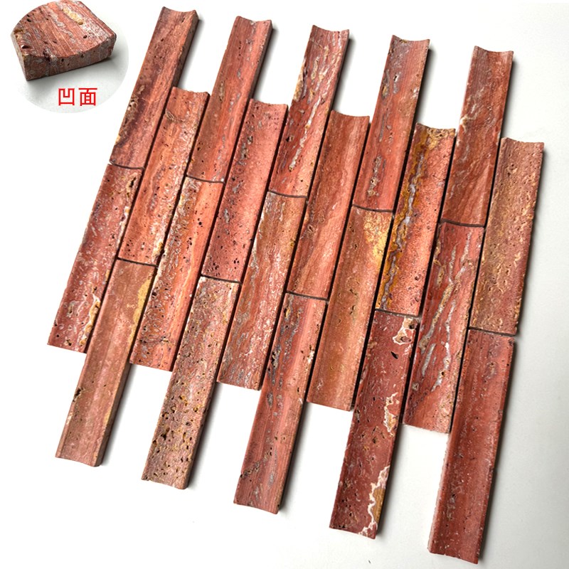 红洞长条凹面工字型石材马赛克浴室背景墙吧台民宿酒店装修餐厅