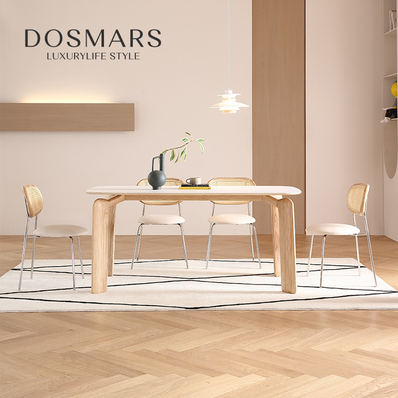 大司马 奶油风大象腿餐桌家用小户型桌子长方形实木岩板餐桌