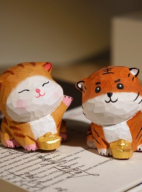 元宝招财萌宠手工木雕小摆件柴犬猫咪木质创意治愈桌面装饰品