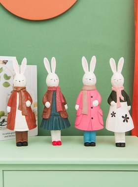 手工木雕公主兔创意摆件家居客厅桌面摆设装饰可爱小兔子工艺品
