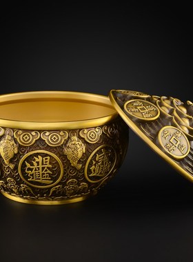 聚宝盆摆件黄铜招聚铜制2024年带盖子金蟾聚宝盆财大号铜质存钱罐