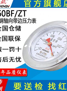 牌仪表/BF卧式压力表向背接不锈钢T轴Y-带红旗Z边安装腐蚀面板60