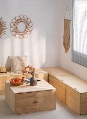 可坐阳台地柜矮柜实木落地榻榻米收纳柜榫卯飘窗柜储物柜柜子定制