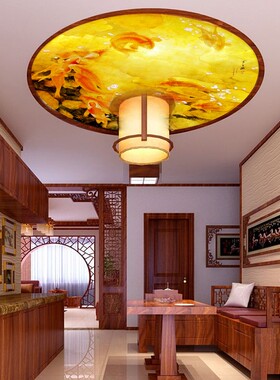 圆形顶天板画客厅卧室手绘鸟墙纸吊顶壁画棚顶壁布