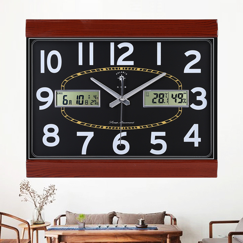 北极星方形挂钟客厅现代大气挂钟静音钟表日历温度多功能家用