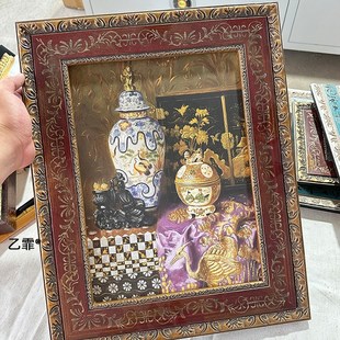 饰空框画框 乙霏家居美式 法式 中古复古蓝色红色欧式 古董油画实木装