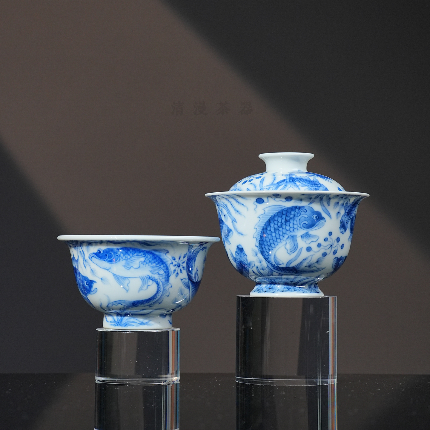 望月怀古满绘鱼藻茶器