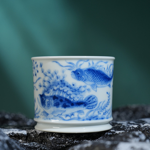 望月怀古满绘鱼藻直口杯150ml 全手工手绘高档送礼茶器主人杯