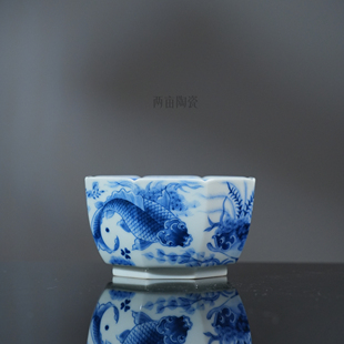 望月怀古鱼藻纹八方杯130ml  景德镇全手工手绘中式陶瓷主人杯