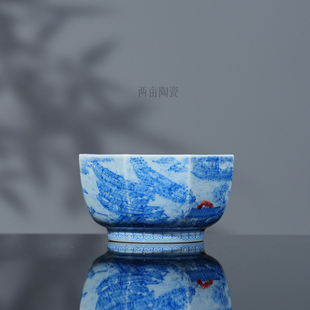 屹朴堂青花釉里红清明上河图八方杯130ml 手绘高档送礼单杯主人杯