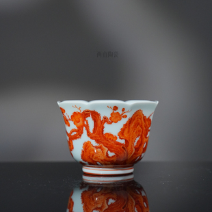 团窑矾红十二花神之梅花八方杯90ml 景德镇手绘中式陶瓷主人杯