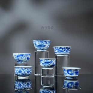 望月怀古松竹梅 鱼藻 缠枝莲小杯 景德镇手工手绘中式陶瓷主人杯