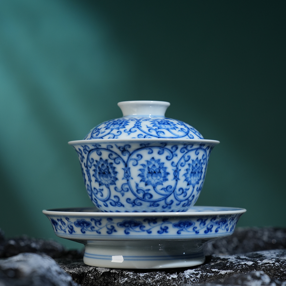 望月怀古双钩莲三才盖碗110ml 景德镇手绘高端陶瓷送礼茶器茶碗