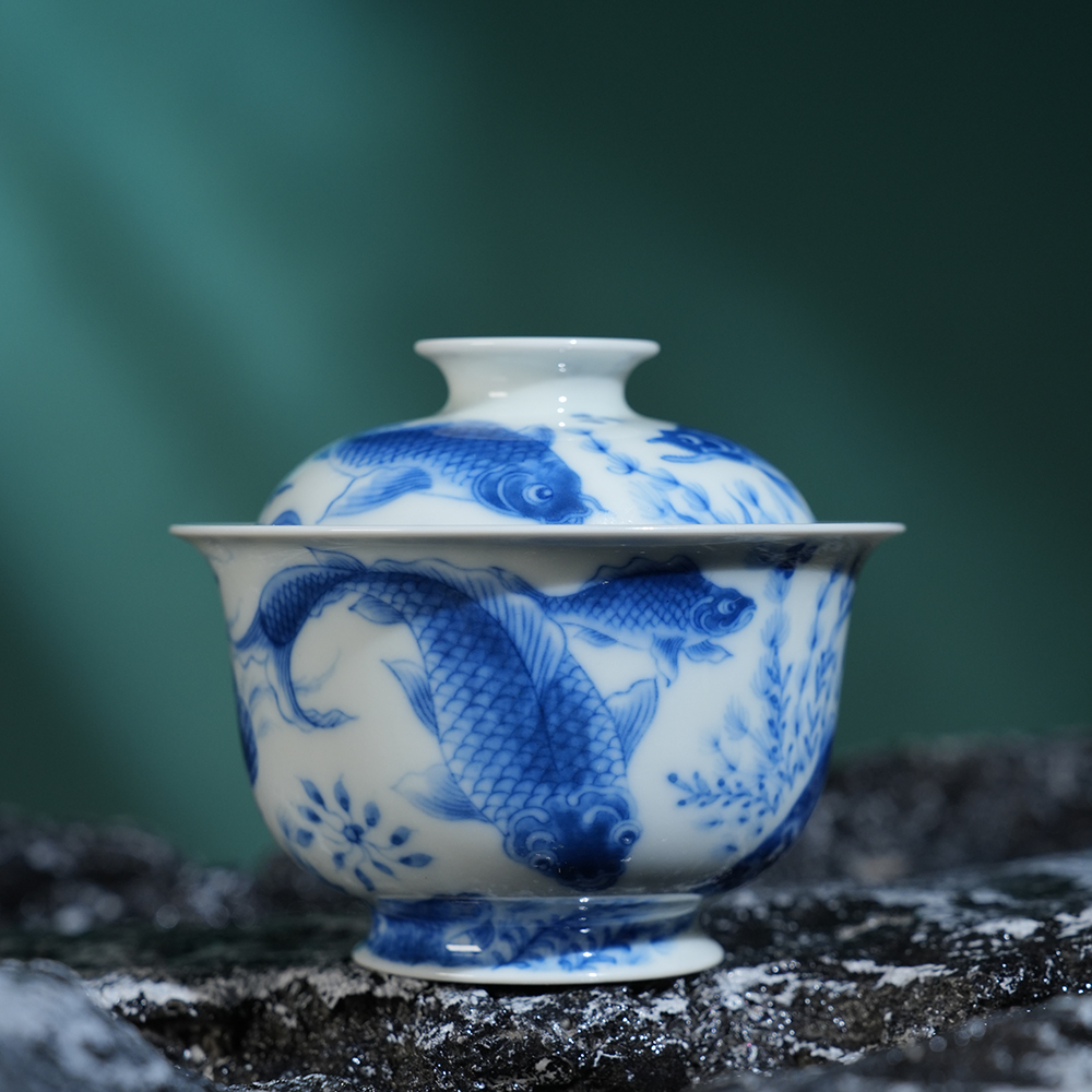 望月怀古满绘鱼藻岩茶盖碗110ml 景德镇釉下彩手绘陶瓷茶器茶碗