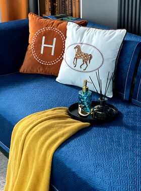 巾简约现代蓝色高档风子防滑套罩四季通用皮沙发垫盖冬季坐垫轻奢