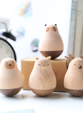 办公室桌面创意解压小摆件客厅电视柜北欧创意木质动物不倒翁摆设