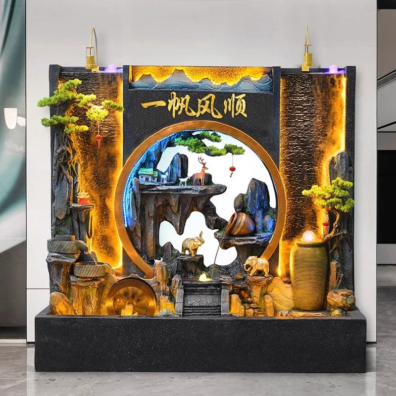 假山水幕墙悬空酒瓶鱼池流水屏风民宿大厅喷泉瀑布影壁墙造景摆件