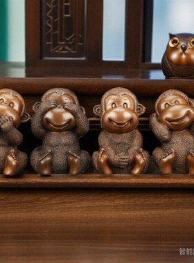 紫铜四不猴摆件铜猴子工艺品十二生肖猴年装饰品