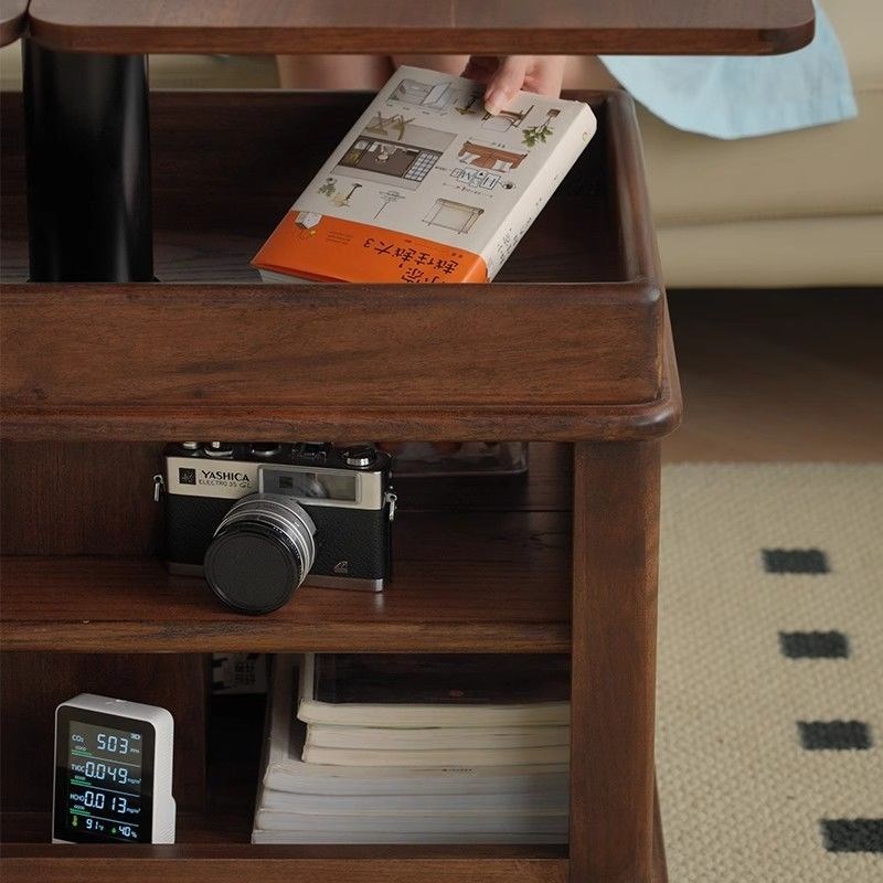 北美全黑胡桃木移动茶几升降折叠小户型实木客厅家用沙发边柜边几