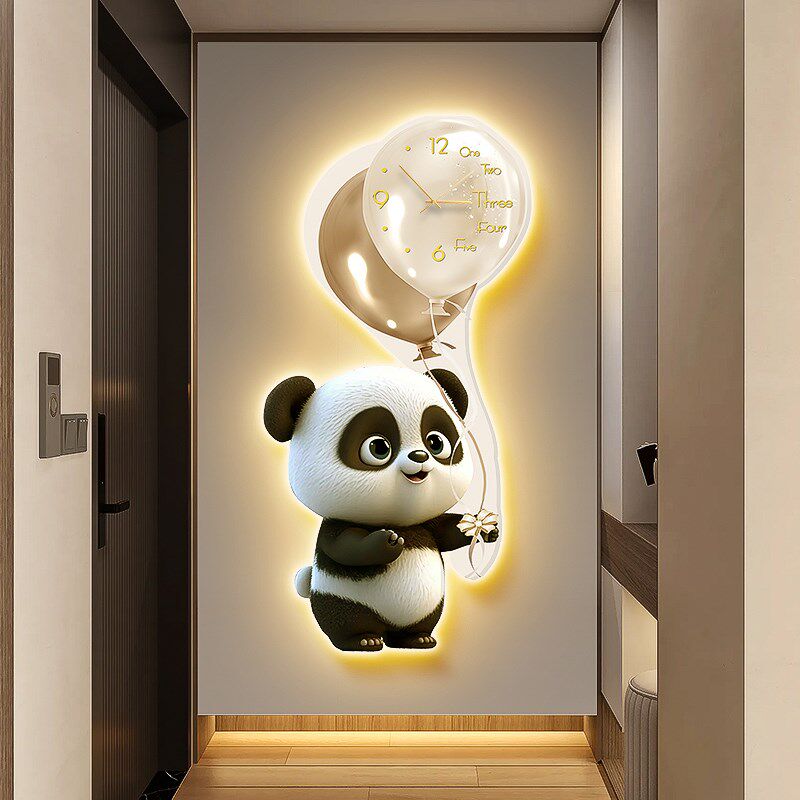 现代简约气球玄关装饰画熊猫儿童房挂画带钟表挂钟走廊过道壁画灯