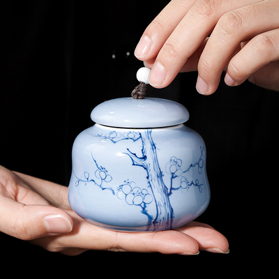 手绘青釉梅花福禄茶叶罐密封罐家用陶瓷防潮定制小号储存罐空罐